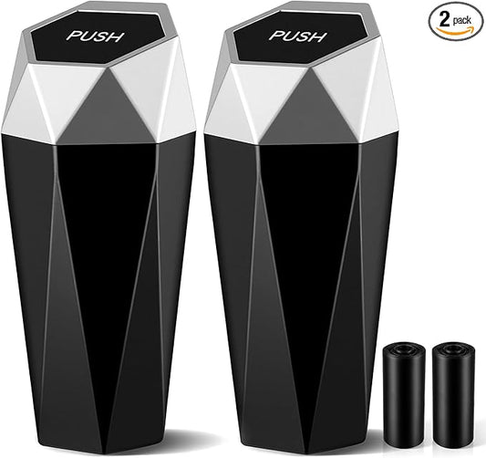JUSTTOP Car Trash Can with Lid, Easy to Clean, Diamond Design Small Automatic Portable Trash Can, Used in Car Home Office Interior Accessories, 2PCS(Silver)