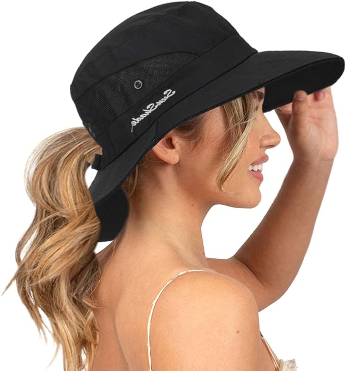 Sun Hat for Women Summer UV Protection Beach Hat Wide Brim Mesh Bucket Fishing Hat with Ponytail Hole Foldable Packable Hat