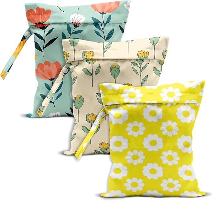 Floral Print Wet Dry Bag, Reusable Washable Waterproof Wet Bag for Swimsuit Diaper Dirty Clothes, Set of 3, Portable Storage Pouch for Travel Beach Pool Yoga Gym Camping, Colorful Daisy Tulip Pattern