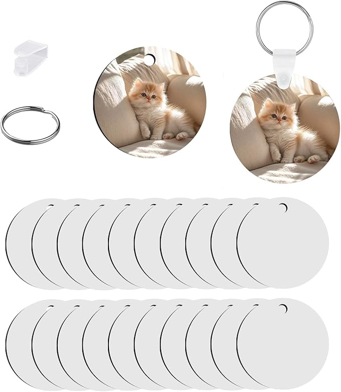 UJL 120pcs Sublimation Keychain Blanks With Rings Clips MDF Keychains Blanks Double Sides Blank Keychains Rectangle Round