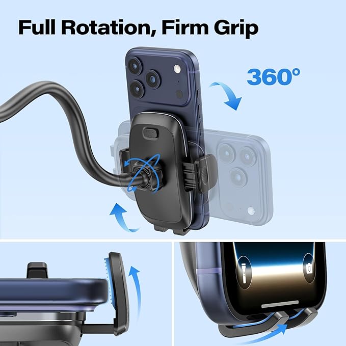 APPS2Car 14'' Gooseneck Car Phone Holder,Heavy Duty Phone Holder for Truck, [Flexibile Long Arm] [Anti Shake stabilizer] Windshield Car Phone Mount Suction Cup,Fit for iPhone, Samsung (Black Plaid)
