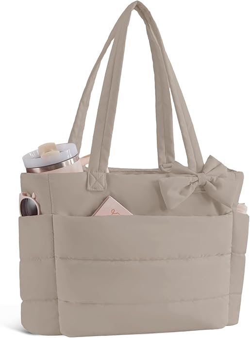 Puffer Tote Bag for Women, Quilted Bow Tote Bag with Cup Holder & 15.6 In Laptop Compartment for Work, Travel, Gym, College