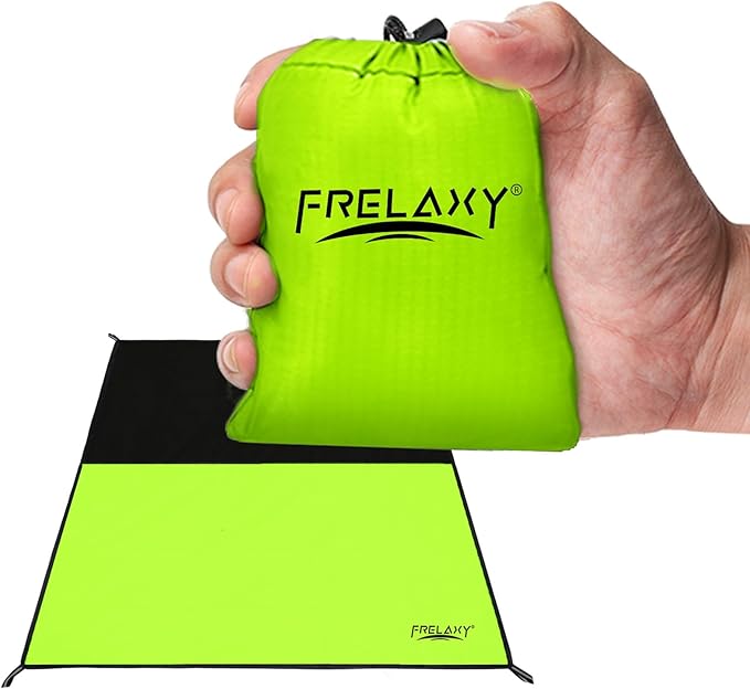 Frelaxy Pocket Picnic Blanket, Waterproof Sandproof Beach Mat, Compact Camping Tarp for Festivals, Hiking, Travel, Outdoor Recreation (Neon Green & Black, 35'' x 57'')