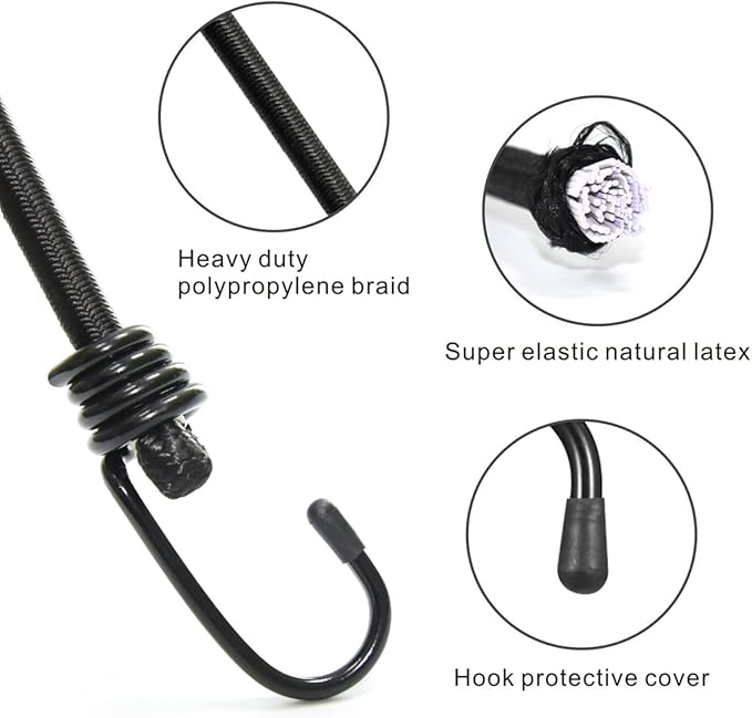 BEXSLE Bungee Cords with Hooks, Heavy Duty Outdoor Elastic Bungee Straps，No Odour Industrial Grade Bungee Rope for Securing Tarps, Luggage,Tents, Bikes or Garden Tidying 24in6pcs + 48in2pcs (Black)