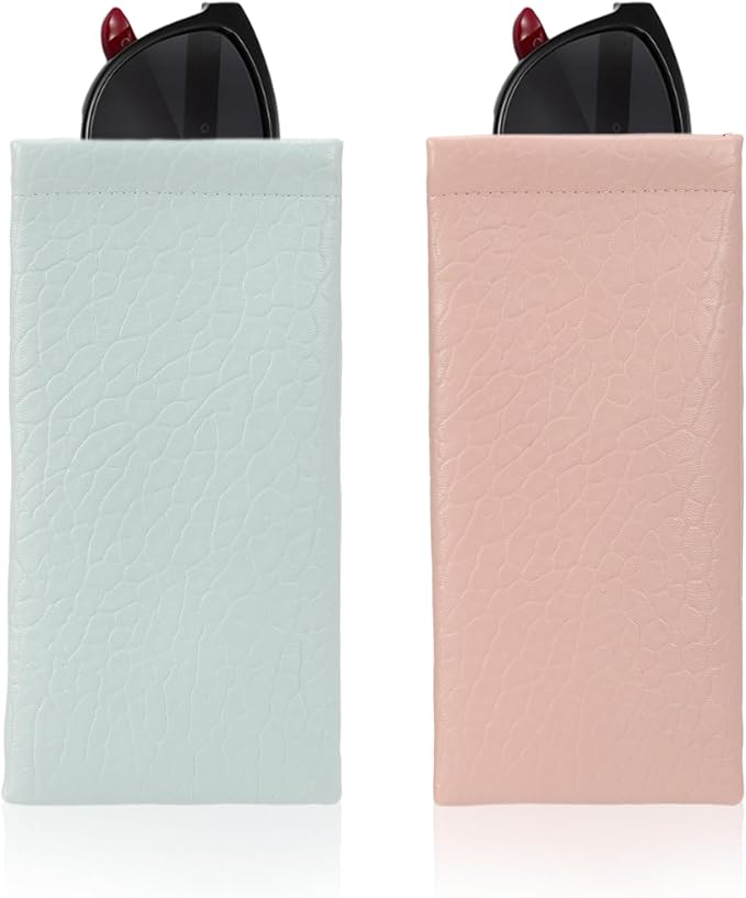 Squeeze Top Sunglass Pouch - Portable Sunglass Organizer Pouch Bags Soft PU Leather Glasses 2 Pack