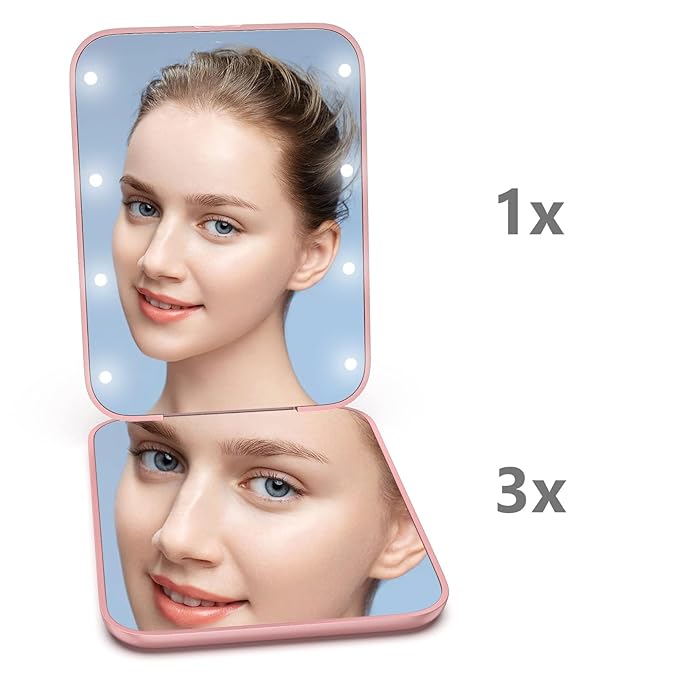 Kintion Pocket Mirror, 1X/3X Magnification LED Compact Travel Makeup Mirror with Light for Purse, 2-Sided, Portable, Folding, Handheld, Small Lighted Mirror for Gift, Rose Gold