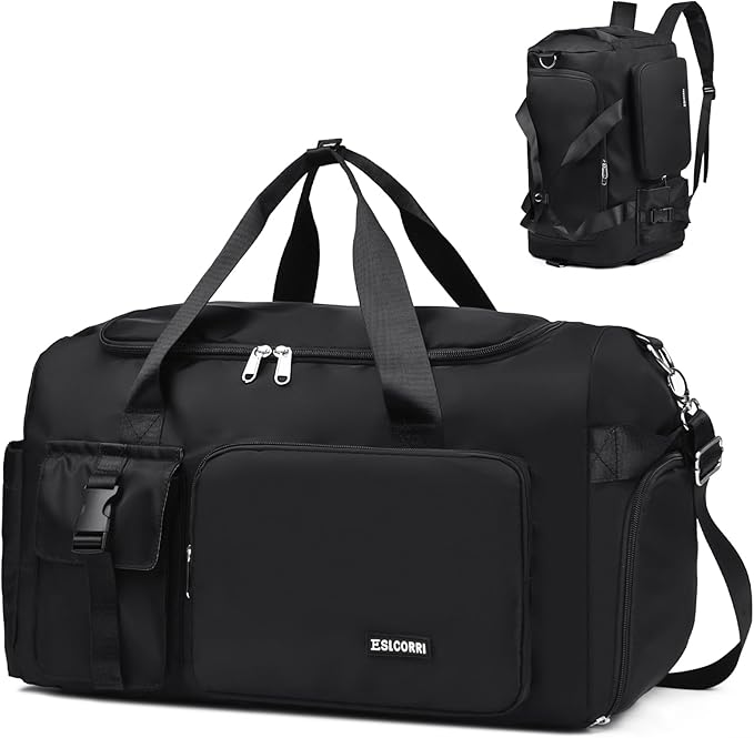 Eslcorri Gym Duffle Bag for Women Men, Sports Backpack with Wet & Shoe Compartment, Fitness Overnight Weekender Bag for Yoga, Swim, Travel (Style B, Black)