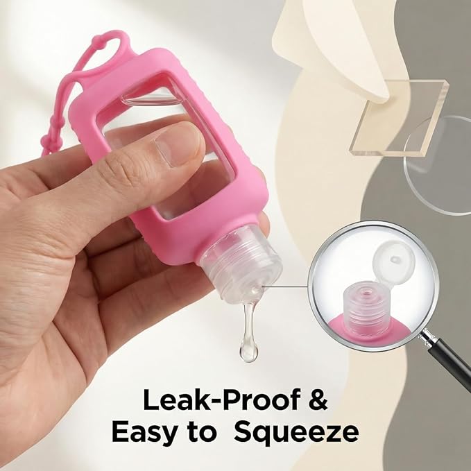 4 PCS Hand Sanitizer Holder Keychain, 2 Oz Refillable Empty Travel Squeeze Bottles for Lotion Liquid, Travel Essentials for Backpack (Black, Pink)