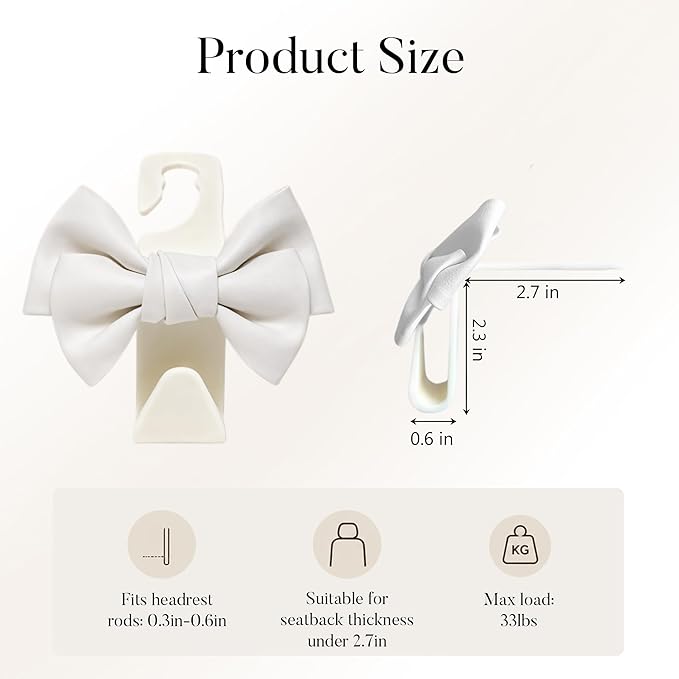 2 Pack Car Purse Hooks, Cute Bow Car Seat Headrest Hook Hanger for Purses and Bags, Space-Saving Car Accessory (Cream white)