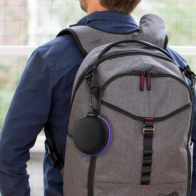 SUNGUY [2-Pack Earbuds Cases, Small Round Pocket Earbud Travel Carrying Case Pouch with Carabiners for Earbuds, Headsets, in-Ear Headphones, Hearing Aids, USB Cable and More (Green + Purple)