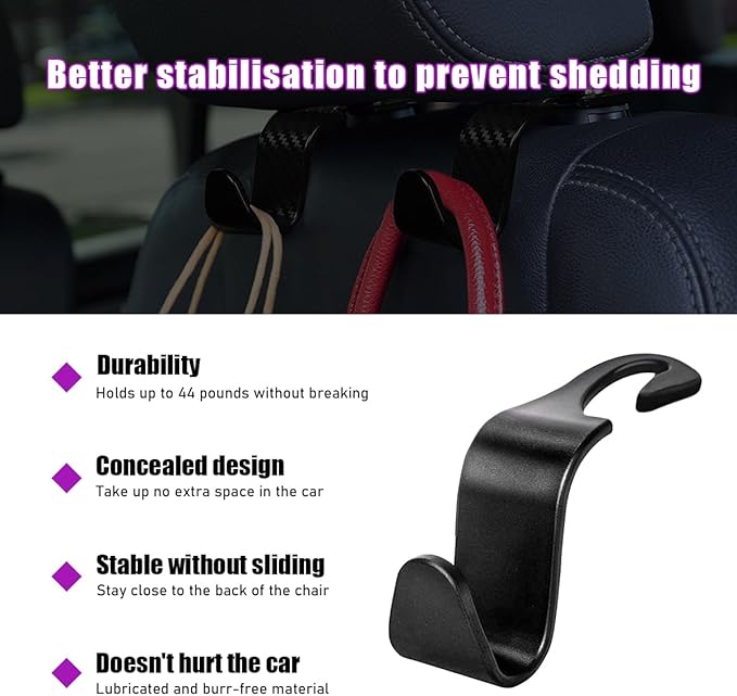 povtii 4 PCS Car Seat Headrest Hooks, Auto Backseat Organizer Hanger Holder, Vehicle Seat Back Storage Hooks for Purse Coat Umbrella Grocery Bag Handbag, Interior Car Accessories (Black)