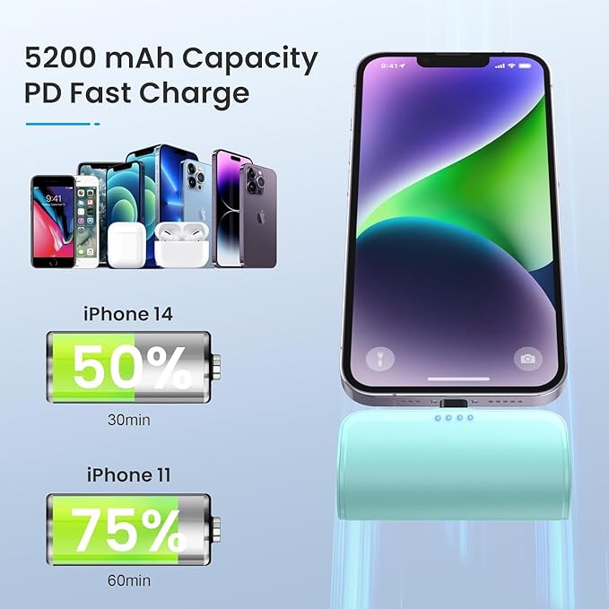 [2 Pack]Mini Portable Charger for iPhone, 5200mAh Ultra-Compact Fast Charging Power Bank Cordless Cute Small Battery Packs Backup Compatible with iPhone 14/14 Pro/13/12/XR/8/7/6-Jade Green+Blush Pink