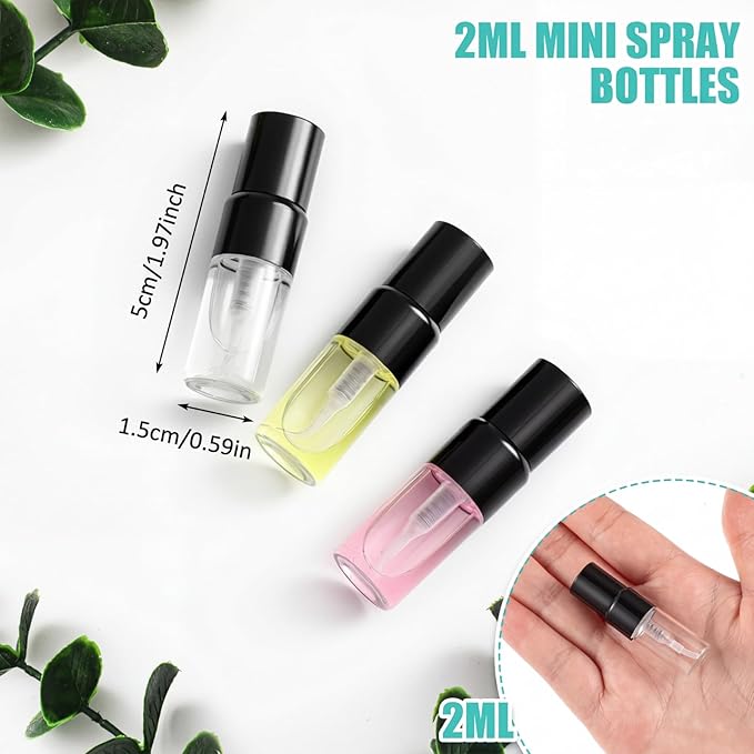 Zhehao 50 Pcs Mini Spray Bottles 2 ml Clear Glass Perfume Bottles Refillable Fine Mist Perfume Atomizer Portable Empty Sample Containers for Cleaning, Essential Oils, Travel (Black Cap)