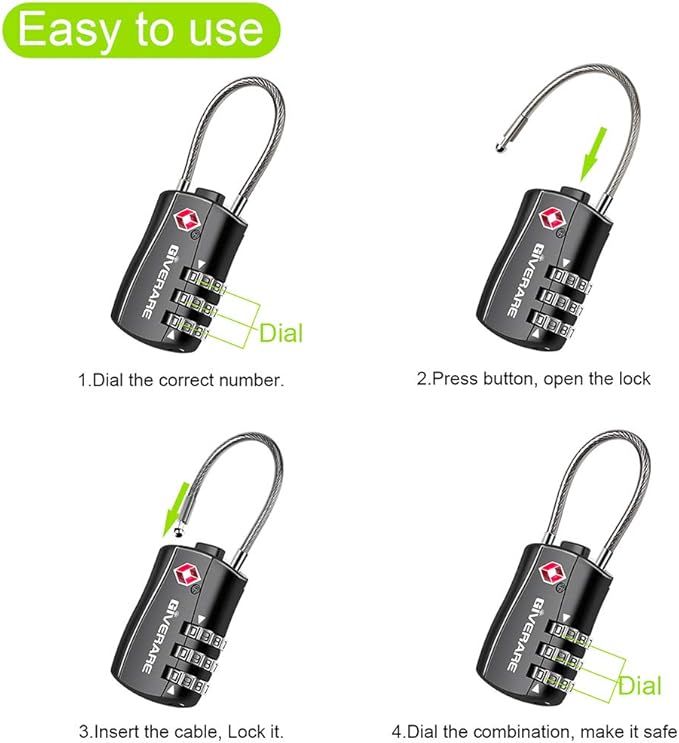GIVERARE TSA Approved Luggage Locks, Combination Travel Cable Lock, Re-settable 3-Digit Padlocks with Alloy Body, Keyless Travel Sentry Accepted Padlock for Gym Locker, Golf Bag Case, Backpack-Black