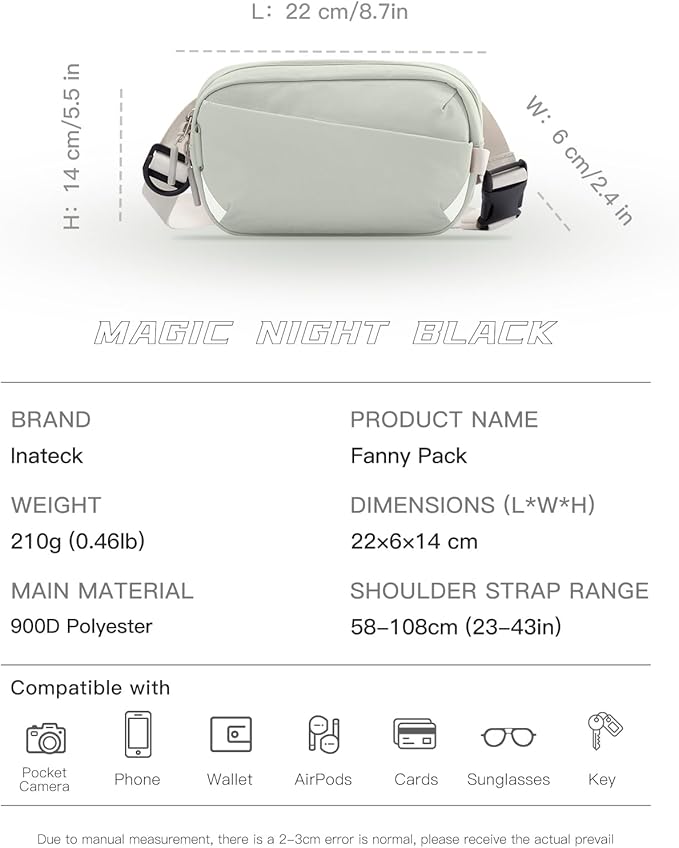 Inateck Sling Bag X-Mini, Durable Fanny Pack with RFID Blocking, Water-resistant Belt Waist Bag with Quick-adjust Strap, Stylish Waist Pack for Men, Women, Travel, Hiking, Cycling, Work, Sports, Green
