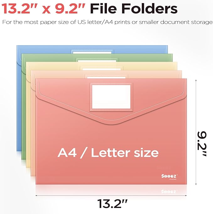 Sooez 5 Pack Plastic Envelopes, Plastic File Folder, Folders for Documents Retro Colors, Super Heavyweight Document Holder, Storage Pouches, File Envelopes for School Office Supplies