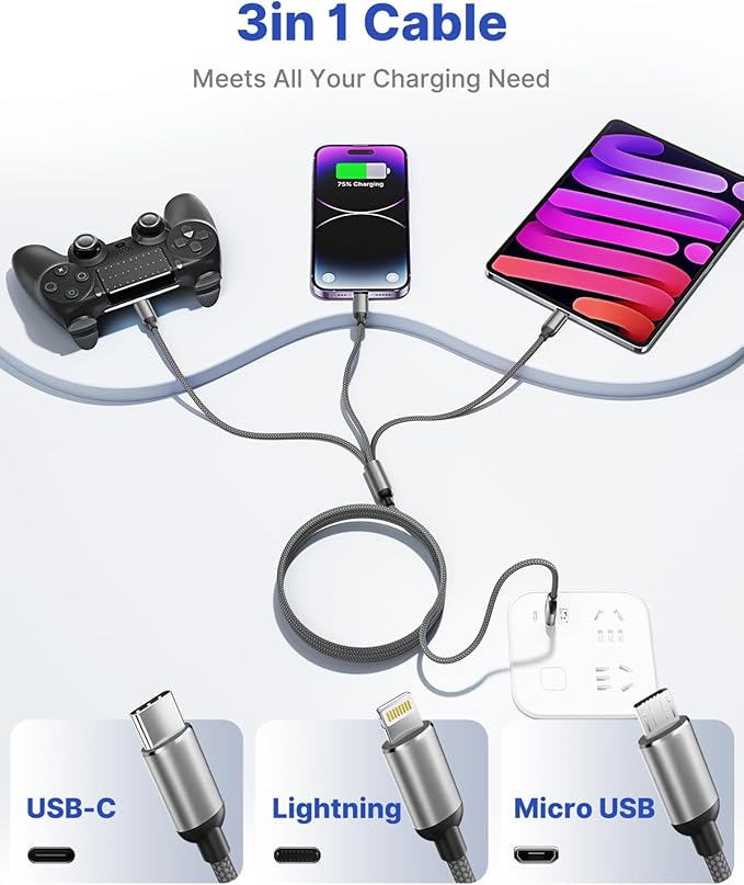 Chargers for Multiple Devices Multi Charging Cable 3 in 1 Multi Fast Charging Cord Nylon Braided USB Cable Adapter IP/Type C/Micro USB Port for Cell Phones Tablets Samsung Galaxy PS & More (Gray)