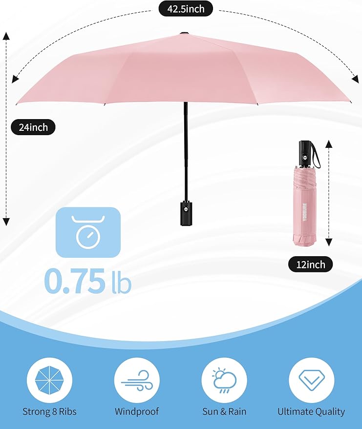 Yoobure Compact Travel Umbrella - Windproof Umbrellas for Rain, Small Portable UV Umbrella for Sun Protection, Folding Automatic Umbrellas in Lightweight for Car, Backpack, Walking, Kids, Women