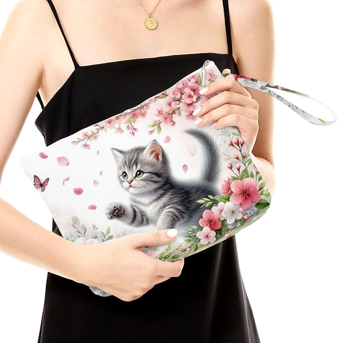 Fokongna Cute Print Wet Bag, Small Portable Waterproof Multi-Functional Organizer for Women, Pink Cherry Blossom Cat, Ideal for Daily, Beach & Travel