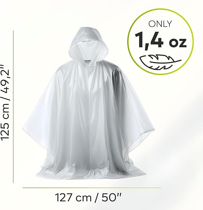 ZENO Disposable Rain Ponchos for Adults - Clear with Hood, Compact Emergency Ponchos for Hiking, Camping, Travel