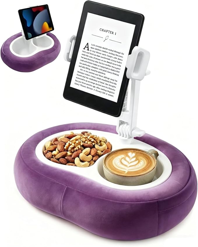Miledi Tablet Pillow Stand, Compatible with 5"-12.9" Kindle, iPad, Phone/Tablet, 360° Rotating Phone Holder for Bed, Soft Plush Fabric, Detachable Bowl, Reading and Relaxation on Bed, Purple