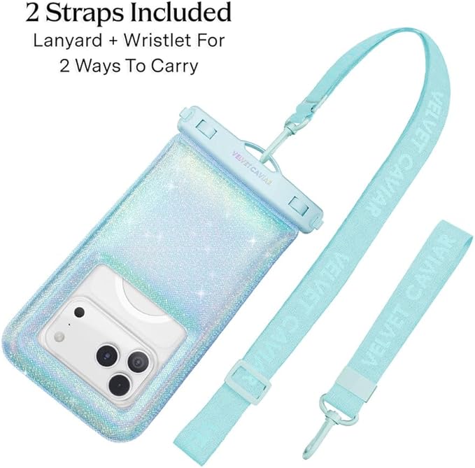VELVET CAVIAR Waterproof Phone Pouch with Lanyard | IP68 Floating Case for iPhone & All Phones | Dry Bag for Snorkeling, Beach, Kayaking | Travel & Cruise Essentials for Women (Blue Mermaid Glitter)