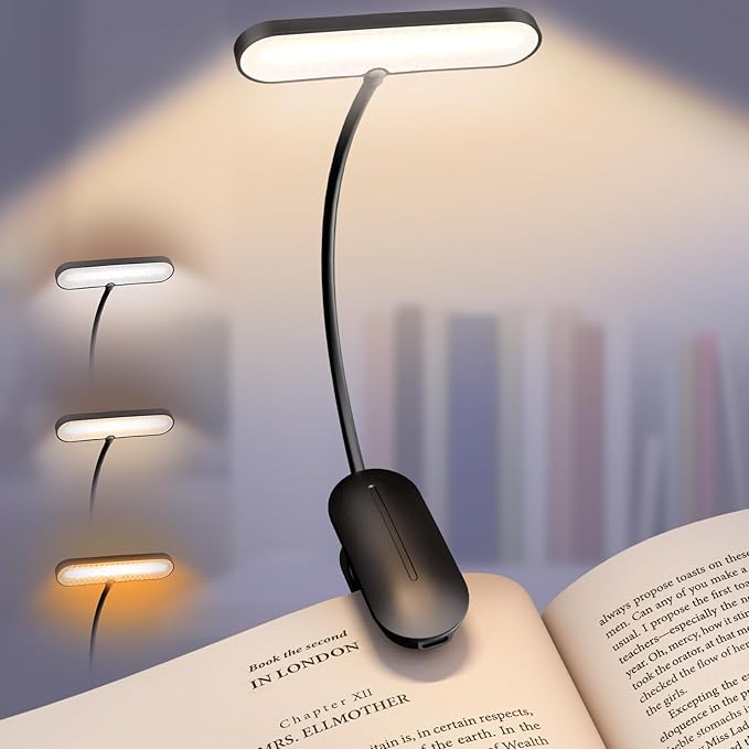 Book Light for Reading in Bed - 14 LEDs Rechargeable Clip-On Book Light, Eye Caring 3 Color Temperatures & Stepless Dimming, 80 Hrs Runtime Lightweight Book Reading Light for Book Lovers (Black)