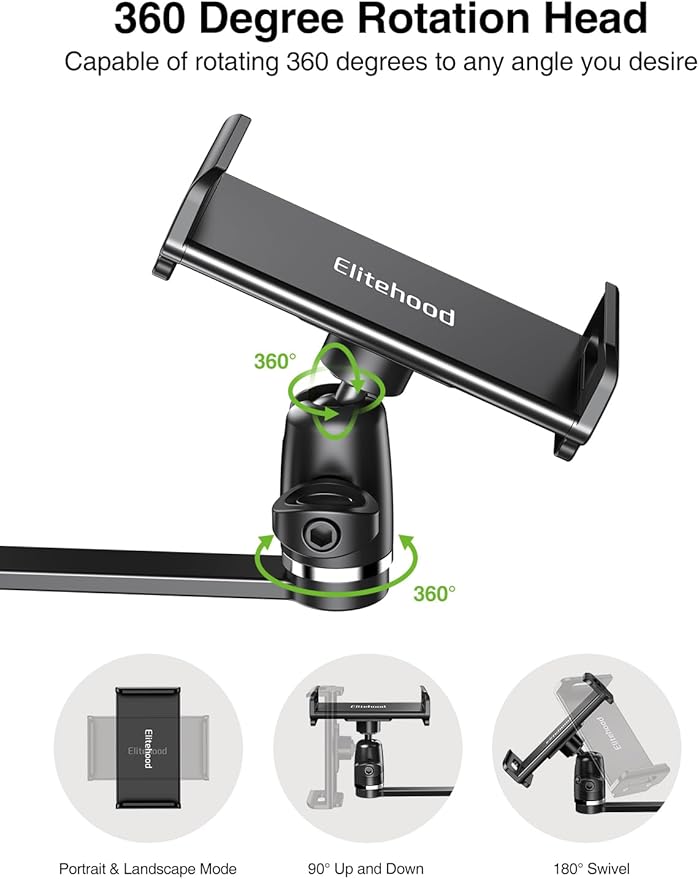 elitehood 8.5in Long Arm iPad Holder for Mic Stand, 360° Adjustable Aluminum Mic Stand Tablet Holder for Microphone & Stage Music, iPad Mount Compatible with 4-13in Tablets, iPhone and Phones