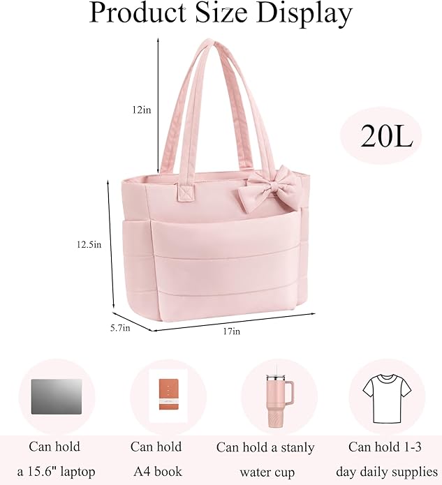Puffer Tote Bag for Women, Quilted Bow Tote Bag with Cup Holder & 15.6 In Laptop Compartment for Work, Travel, Gym, College