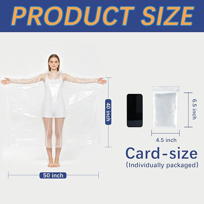 30 Pack Disposable Rain Ponchos for Adults, Emergency Clear Poncho with Hood Waterproof Bulk Plastic Rain Coat Family Pack for Hiking, Camping, Travel