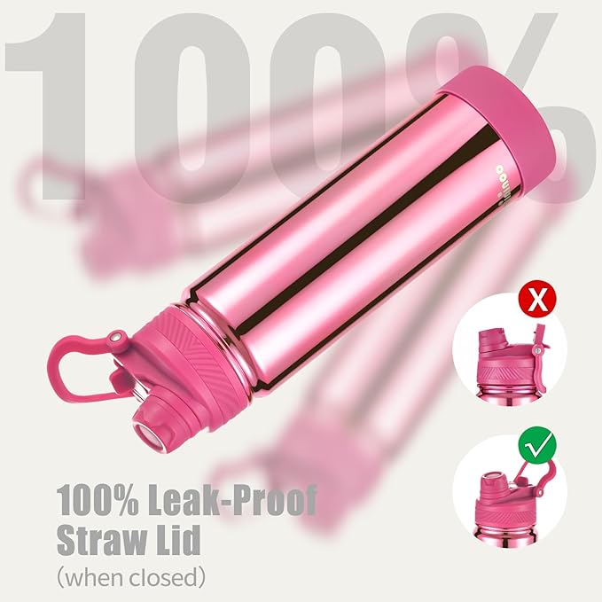 mininoo 24 oz Insulated Water Bottle with 2-in-1 Straw & Spout Lid, BPA-Free & Leak-Proof, Stainless Steel Water Bottle for Sports, Travel, and School, Rose Pink