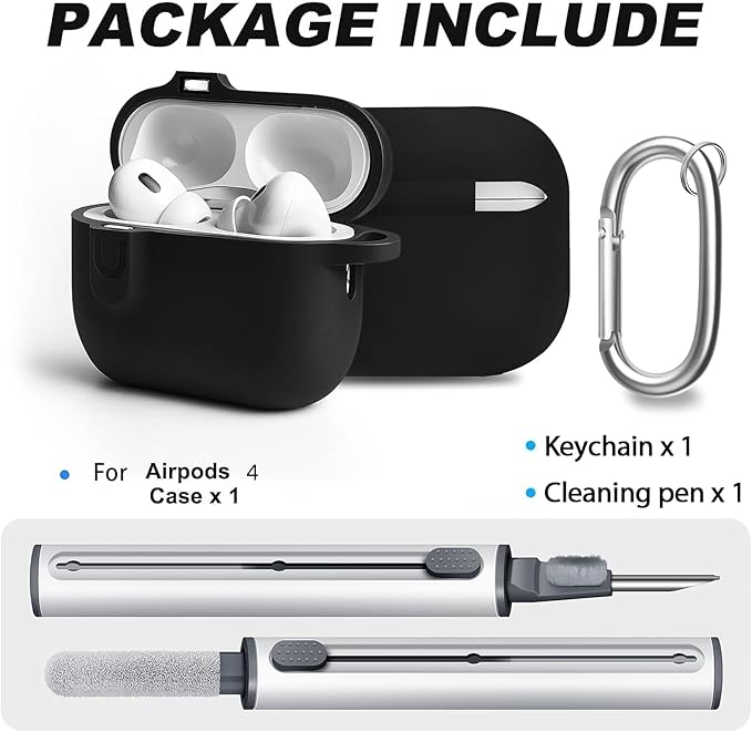 Compatible with AirPod 4 Case Cover with Cleaner Kit, Soft Silicone Cover for airpod 4 case Comes with Magnetic Lid Lock & Keychain-Solid for Women/Men,Black