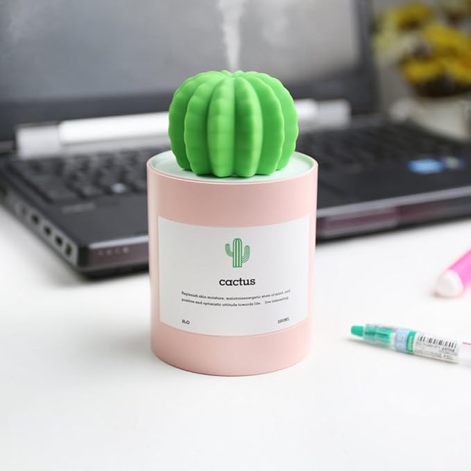 Mini Humidifier, 280ml USB Cool Mist Portable Cactus Air humidifier, Ultra-Quiet Operation for Bedroom Home Office Yoga Car Travel(Pink)