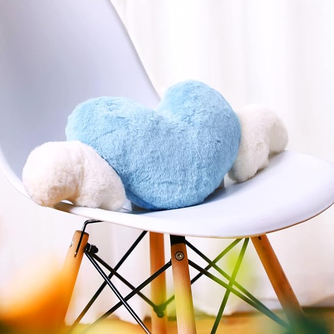 Macarrie 2 Pcs Plush Heart Shaped Pillow with Angel Wings Car Headrest Soft Comfortable Seat Pillow for Driving Travelling Room Office Car Decor, 19.7 x 8.3 Inch(Light Blue)