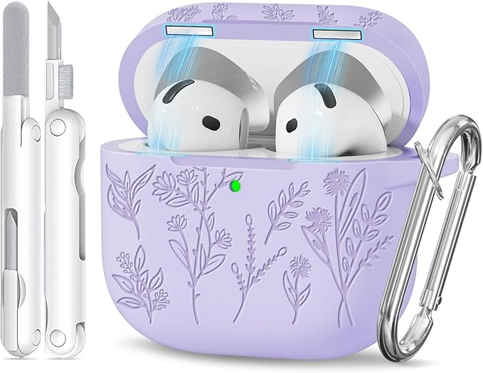 for Airpods 4 Case with Magnetic Lid, Ekoonpft Flower Engraved Cases for Apple AirPods 4th Generation 2024, Soft Silicone Cover for Women Girly with Cleaning Kit & Keychain, Shockproof