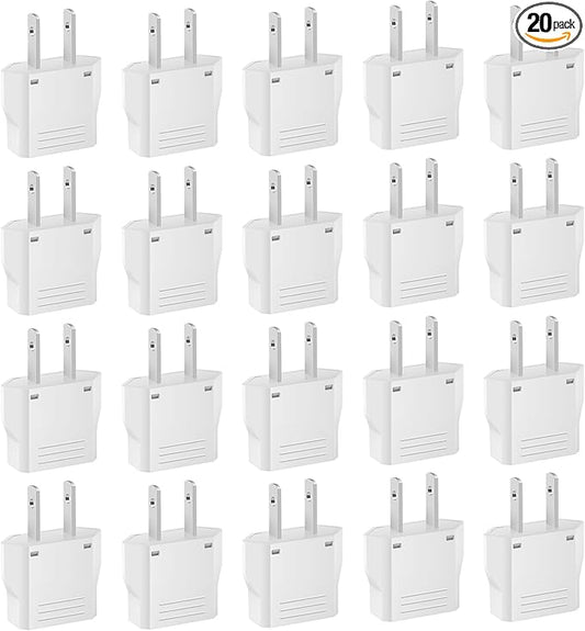 20 Pack European to US Plug Adapter, Type A Plug Adapter European to American, 220v to 110v Adapter Plug for Travel, Europe to USA Power Plug Converter, White