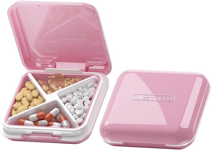 DUBSTAR Small Pill Box for Purse, Moisture Waterproof Travel Pill Case with 4 Compartments, Daily Pill Organizer for Vitamins & Medication (S-Pink)