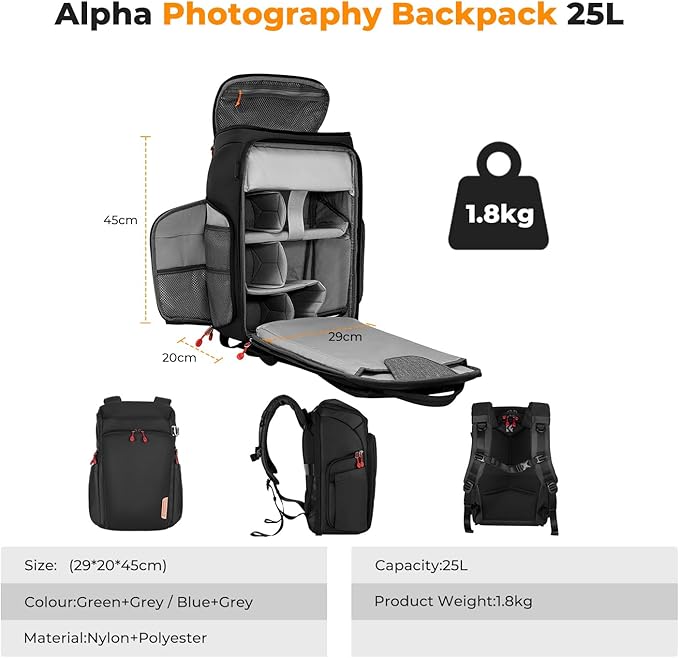 K&F CONCEPT Professional Camera Backpack, Large Photography Backpack Expandable to 25L, Quick Access&Water Resistant Camera bags with Rain Cover&Tripod Holder for Canon/Nikon/Sony/DJI/DSLR Mirrorless