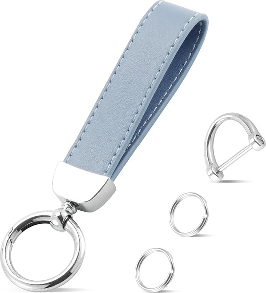 JUSTTOP Leather Keychain, Car Key Chain with Anti-Lost D-Ring and 2 Key Ring, Keychain Wristlet, Car Accessories, Universal Keychain for Men and Women (Blue)