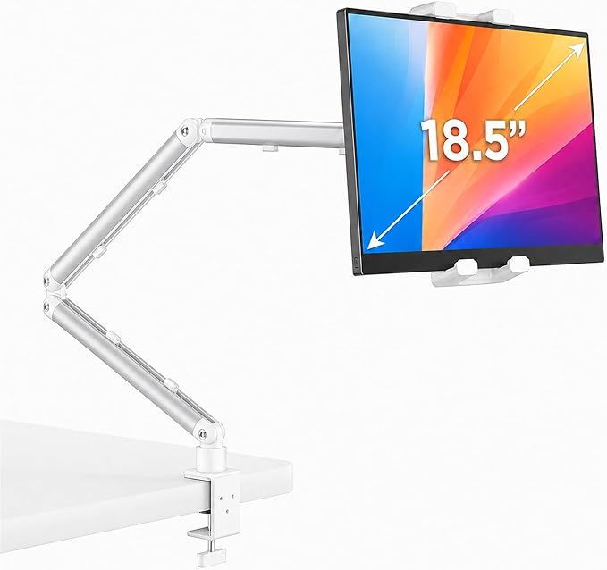 Portable Monitor Stand 15.6", Heavy Duty Tablet Arm Mount with Desk Clamp, Sag-Free Adjustable iPad Holder for Bed, 360° Foldable Arm Fits 4.7"-18.5" iPad Pro/Air/Mini, 2.2lbs Capacity, White