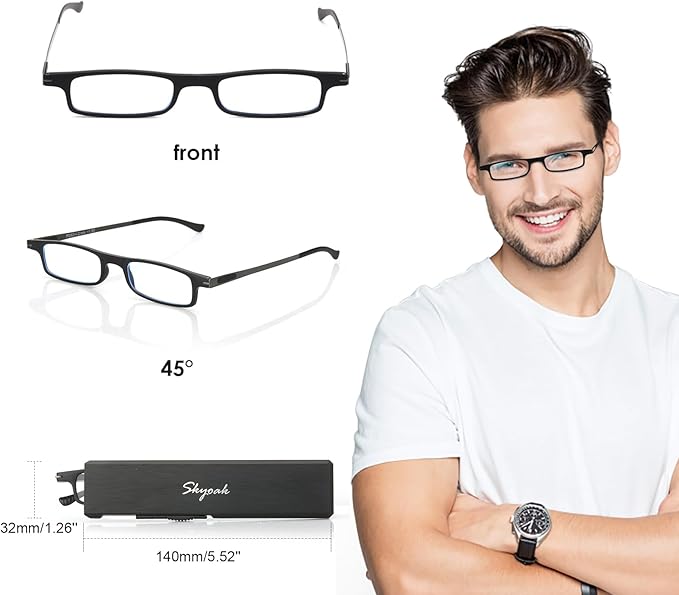 Ultra thin Lightweight Folding Reading Glasses Women Men TR90 Blue Light Blocking Anti UV/Eyestrain Foldable Compact Computer Readers Portable Unique Stretchable Slim Flat case Black +1.0
