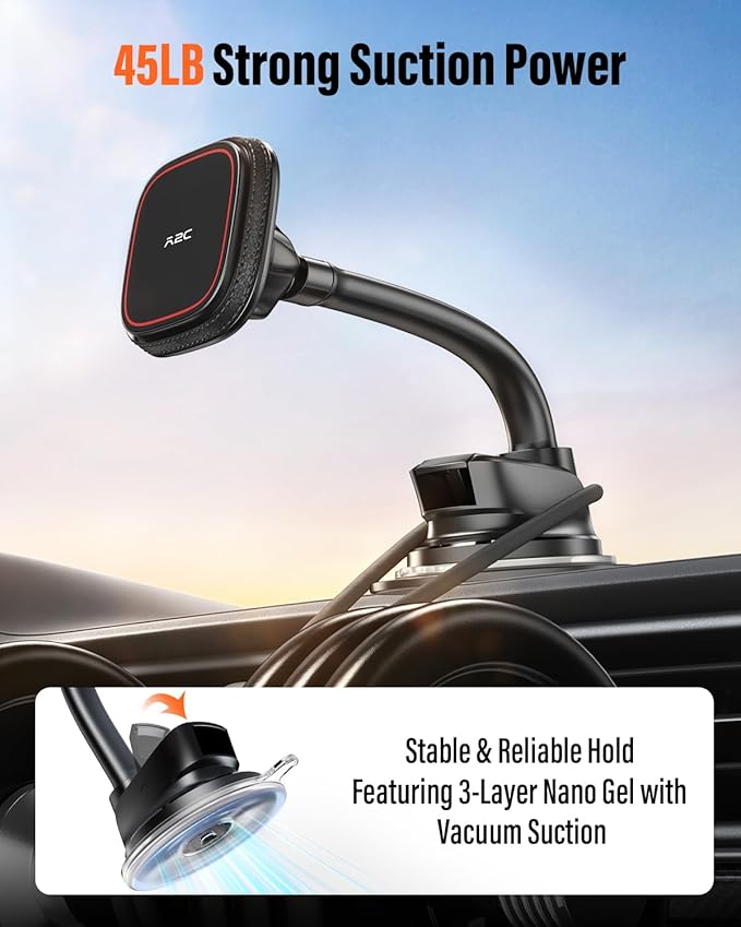 APPS2Car Upgraded for MagSafe Car Mount, Magnetic Car Phone Holder with 6.4'' Flexibile Gooseneck Arm, Suction Cup Holder for Windshield Window Dashboard, Fit for iPhones Smartphones