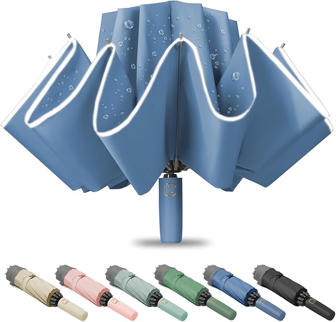 Fogkey Large Windproof Travel Umbrella - Reverse Auto Folding Car Umbrella for Rain and Sun, Compact Inverted Design with Waterproof Canopy, 10 Durable Ribs, Fits Backpack, Portable for Women & Men