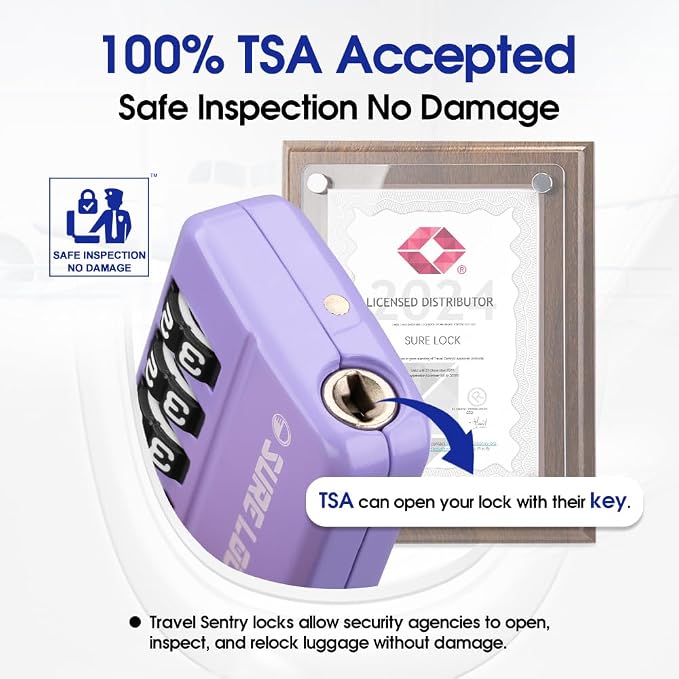 SURE LOCK TSA-Approved 4-Digit Resettable Combination Luggage Lock with Open Alert, Easy-Read Dials - for Luggage, School Lockers, Gym, Office, Toolbox & Security Cases (Purple 2 Pack)