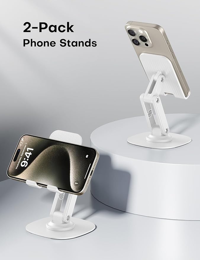 OMOTON Cell Phone Stand for Desk, 2 Pack Adjustable Foldable Phone Holder, 360 Swivel Mobile Stand Fit for iPhone 17 16 15 14 13 Pro Max and All Smart Phones, White & White