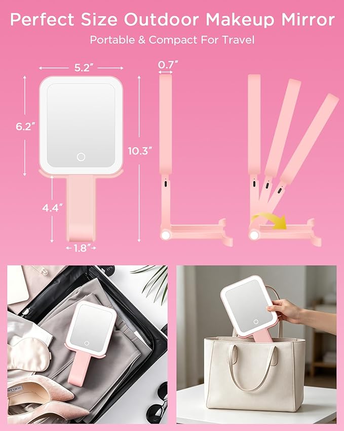 EAONE Magnifying Mirror with LED Light, Double Sided Travel Makeup Mirror 10X/1X with Storage Bag, 3 Color Lighting & Dimmable Touch Screen for Trip, Desk, Bathroom (10.3 x 5.2IN)- Pink