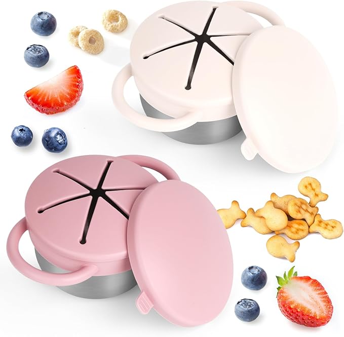 Daximo 2 Pack Snack Cups for Toddlers Spill Proof - Detachable Stainless Steel Toddler Snack Cups with Silicone Lids & Handles - Dishwasher Safe Snack Container(Matte Pink and Matte Off White)