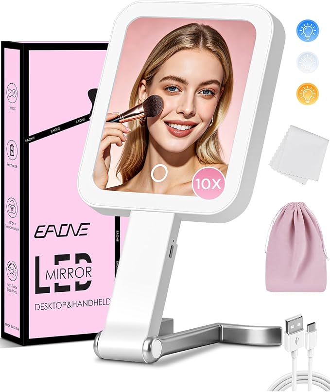 EAONE Magnifying Mirror with LED Light, Double Sided Travel Makeup Mirror 10X/1X with Storage Bag, 3 Color Lighting & Dimmable Touch Screen for Trip, Desk, Bathroom (10.3 x 5.2IN)- Silver