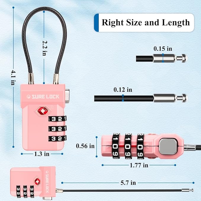 SURE LOCK TSA Approved Luggage Locks with Open Alert Indicator, 3 Digit Combination Cable Travel Lock for Suitcase, Backpack, Gym Locker, Toolbox, Carry On & Travel Bag