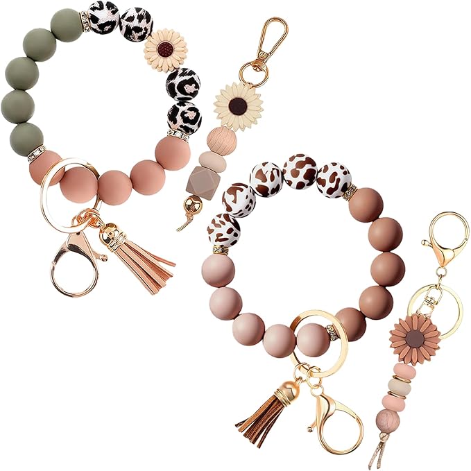 2PCS Bracelet Key Ring Set, Cute Car Key chain Wristlet, Silicone Beaded Bangle keyChains for Women Girls